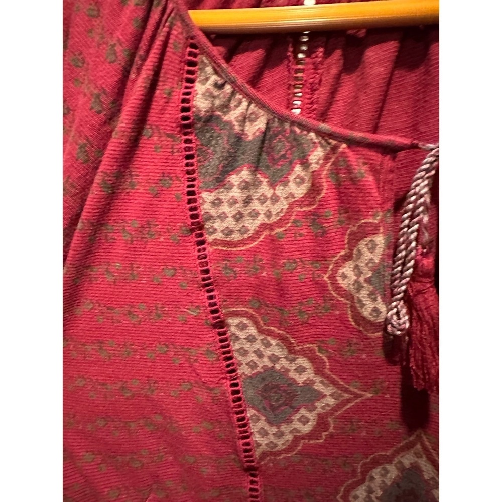 Lucky Brand Paceasant Top Women 1X Burgundy Medallion Print Tassel Lace Blouse - Picture 5 of 14